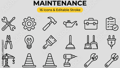 A diverse collection of sixteen black line art icons representing maintenance and repair services including tools and equipment presented on a light gray background