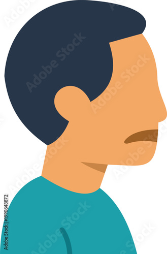 Vector illustration of a man in profile view with short dark hair and a mustache wearing teal