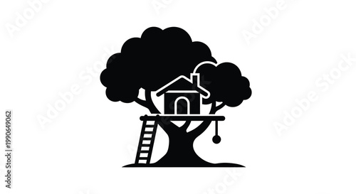 A charming treehouse nestled within a leafy tree depicted as a silhouette