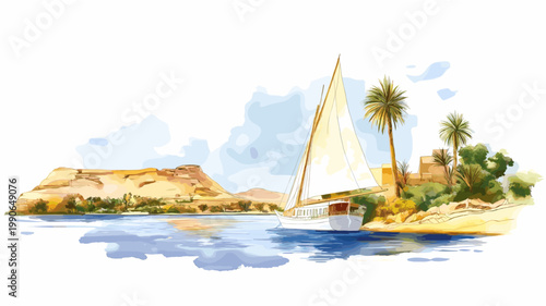 Nile River Cruises. Nile River Cruises hand drawn watercolor illustration on white background