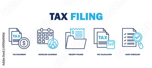 tax filing banner web icon vector illustration featuring icons of tax document, deadline calendar, receipt folder, tax calculator, audit checklist.