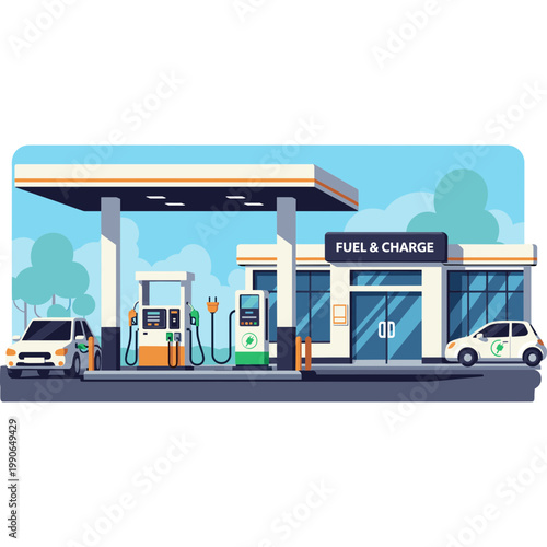 Electric vehicles charge at a modern fuel station with cars parked nearby outdoors