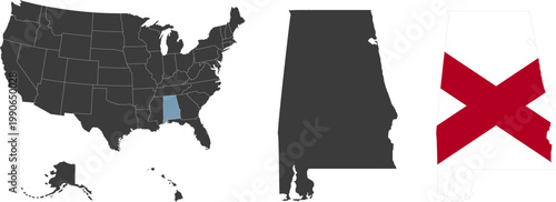 Alabama state of USA. Alabama flag and territory. States of America territory on white background. Separate states. Vector
