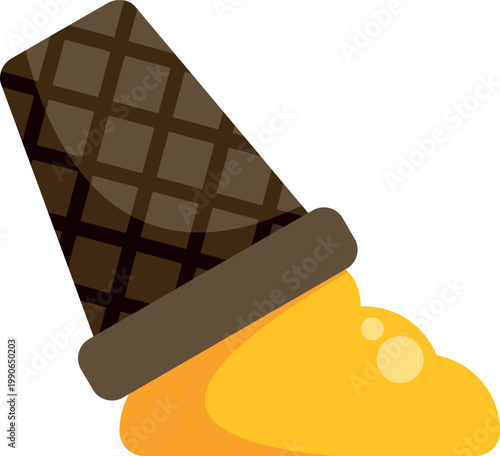 Illustration of a fallen chocolate cone resting on melting yellow ice cream scoop