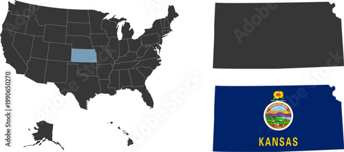 Kansas state of USA. Kansas flag and territory. States of America territory on white background. Separate states. Vector