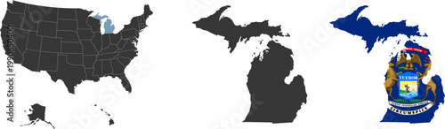 Michigan state of USA. Michigan flag and territory. States of America territory on white background. Separate states. Vector