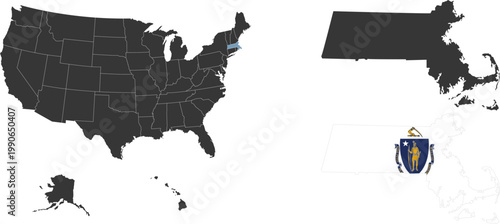 Massachusetts state of USA. Massachusetts flag and territory. States of America territory on white background. Separate states. Vector