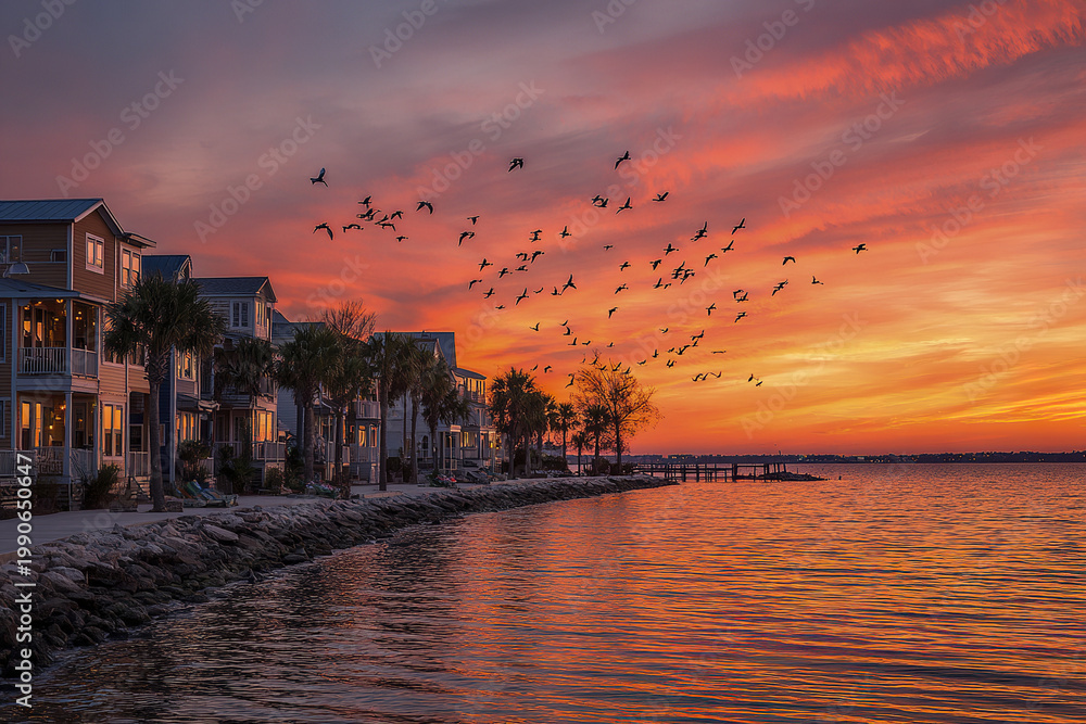 Obraz premium Waterfront vacation properties at sunset with birds gliding over calm water and colorful sky, creating peaceful and scenic coastal atmosphere