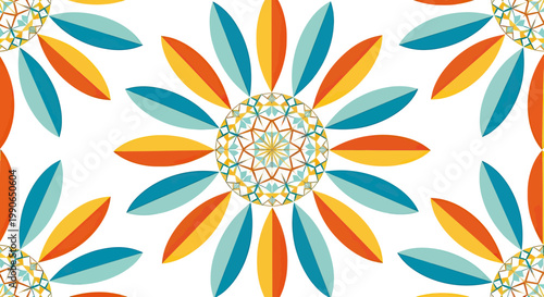 Vibrant floral pattern with a central geometric medallion and petal-like shapes