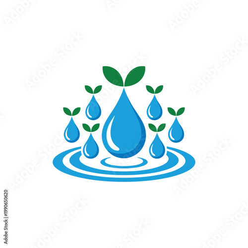 Water drops with green leaves and ripples symbolizing water conservation sustainability and environmental protection on transparent background.