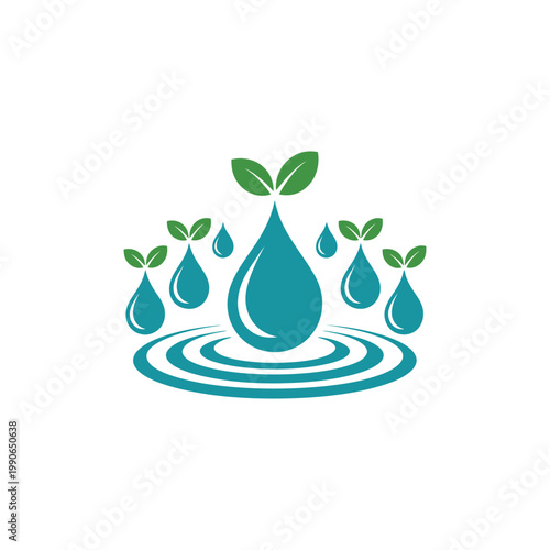 Water drops with green leaves and ripples symbolizing water conservation sustainability and environmental protection on transparent background.