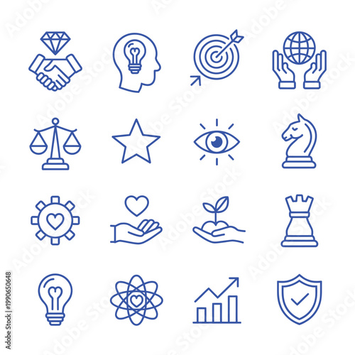 Blue line icons for business development including global networking and strategic planning symbols for digital marketing agency.