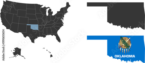 Oklahoma state of USA. Oklahoma flag and territory. States of America territory on white background. Separate states. Vector
