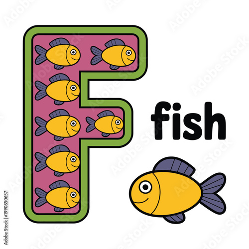Letter f fish cartoon illustration education alphabet learning cute character for children with text fish.