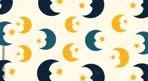 Seamless pattern of celestial crescent moons with faces and stars on a pale background