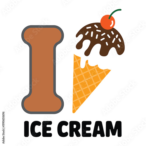 Letter i ice cream cone dessert illustration sweet food with cherry on top and wafer cone.