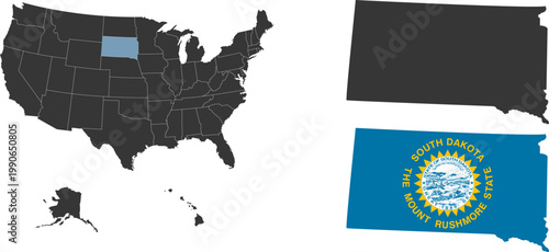 South Dakota state of USA. South Dakota flag and territory. States of America territory on white background. Separate states. Vector
