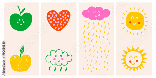 Whimsical illustrations of fruits hearts clouds and suns with smiling faces