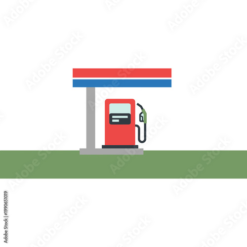 A gas pump stands under a colorful canopy on a green lawn.