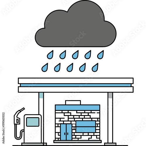 A gas station gets soaked in rain under a dark cloud on a stormy day with a brick building.