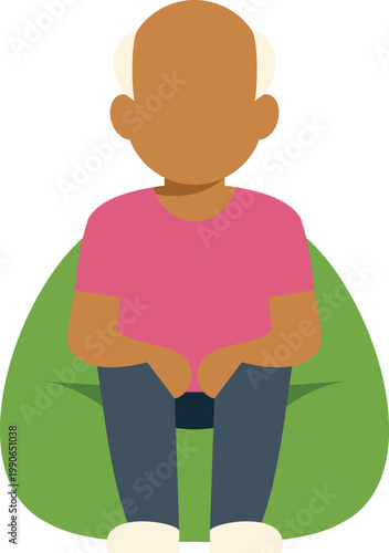 Illustration of a bald elderly man in a pink shirt resting on a green bean bag chair
