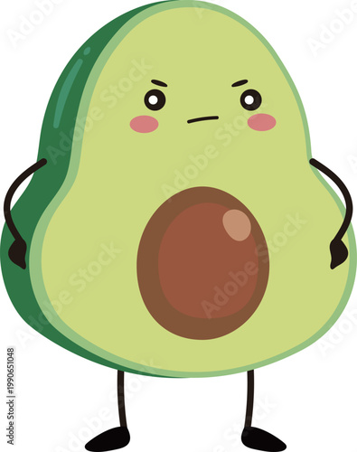 Grumpy Avocado Mascot Character Standing with Serious Face