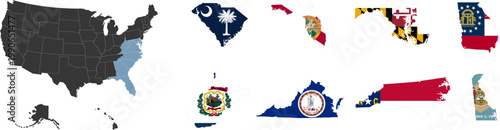 South region. South Atlantic: Delaware, Florida, Georgia, Maryland, North Carolina, South Carolina, Virginia, West Virginia. States of America territory. Separate states.