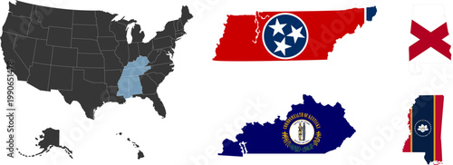 South region. East South Central: Alabama, Kentucky, Mississippi, Tennessee. States of America territory. Separate states. Vector