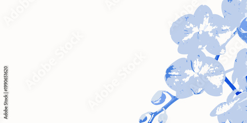 Delicate blue orchid blooms cascade down the right side of the frame