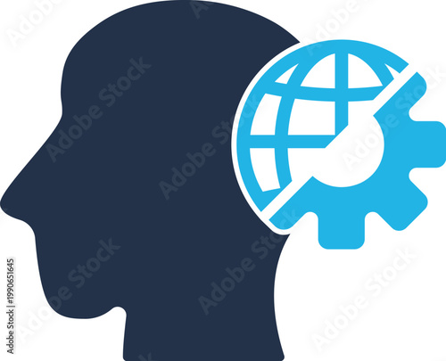 Gear mechanism. Cyborg head pictograph. Option, tools, control, gear, operation tools icons. Vector