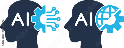 Human head with AI chip, technological brain. Artificial intelligence. Flat design in white and black colors. Vector illustration