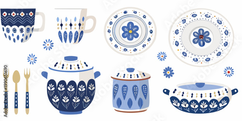 Blue and white patterned ceramic dinnerware collection with floral motifs