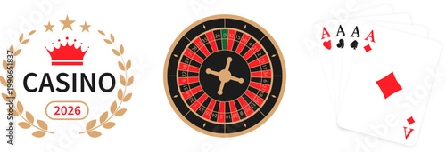 Casino roulette wheel. Gambling. Four playing cards. Playing card suits icon. Suit deck of playing cards. Vector