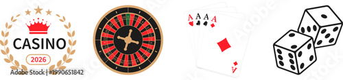 Casino roulette wheel. Gambling. Four playing cards. Playing card suits icon. Suit deck of playing cards. Vector