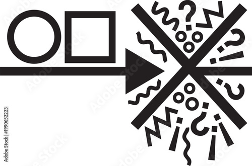 Complex problem analysis with geometric shapes and chaotic outcome.