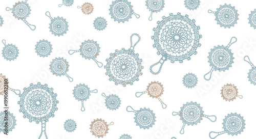 Light blue and tan circular doily-like objects scattered on white