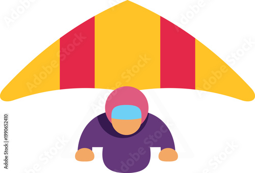 Minimalist illustration of a person hang gliding with a bright yellow and red wing