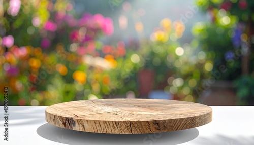 Wooden surface with garden backdrop symbolizing natural texture, warmth, and outdoor harmony