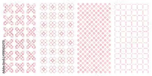 Repeating pink patterns diamonds cross stitches and dots on white background