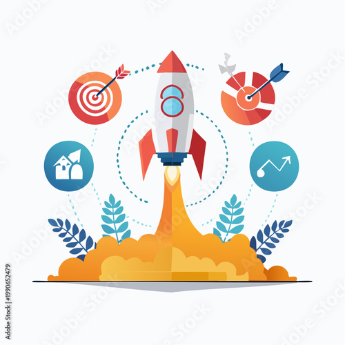 Dynamic business startup concept with rocket launch symbolizing rapid growth, innovation, and strategic success towards achieving new market targets