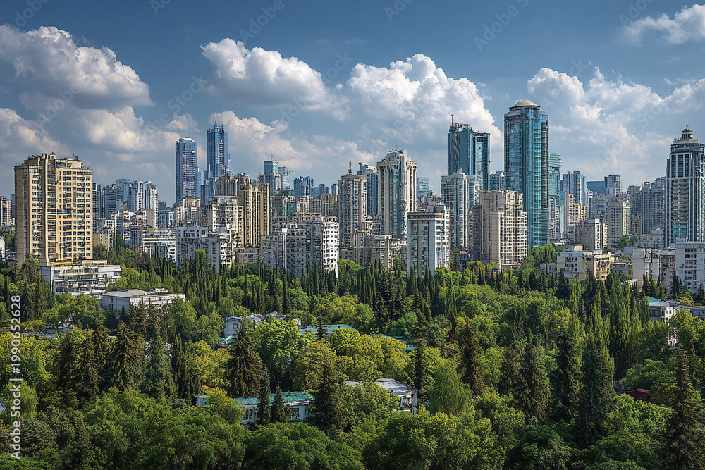 Fototapeta premium City skyline with modern high rise buildings and lush green trees under bright blue sky with fluffy clouds, creating vibrant and peaceful urban landscape