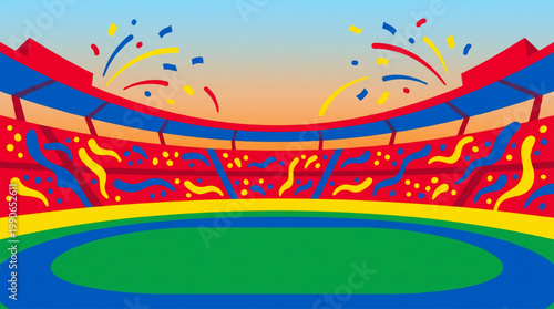 Colorful Stadium Arena with Confetti and Crowd Seating.