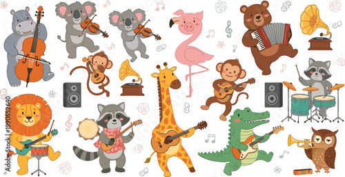 Cute Cartoon Animals Playing Musical Instruments Vector Set with Lion Giraffe Monkey Bear and Crocodile