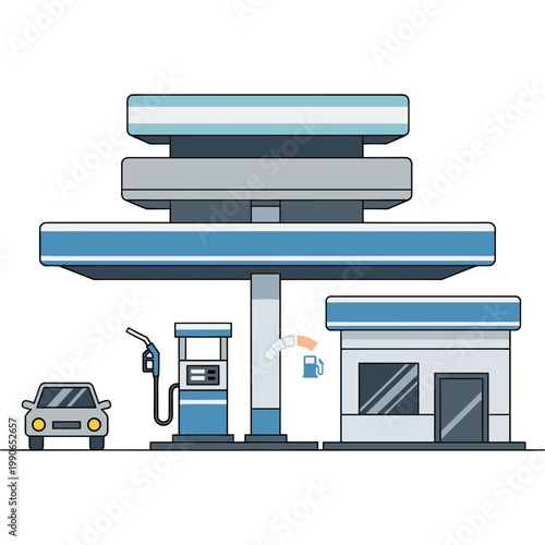 A car refuels at a modern gas station facility with pumps.