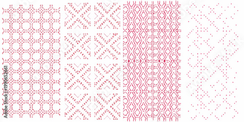 Red patterned arrangements geometric shapes and varying densities depicted visually