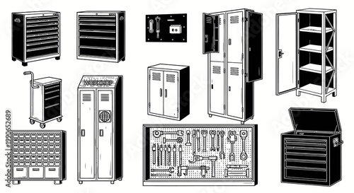 Professional Workshop Storage Solutions and Industrial Tool Cabinet Vector Set