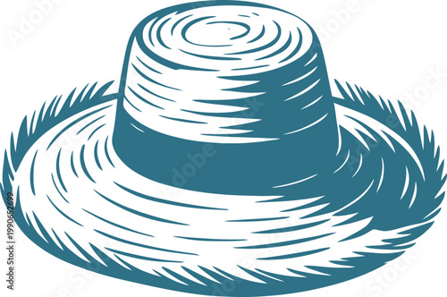 Blue illustrated straw hat with wide brim and ribbon band blue hat fedora