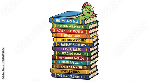 Cute bookworm character on stack of books