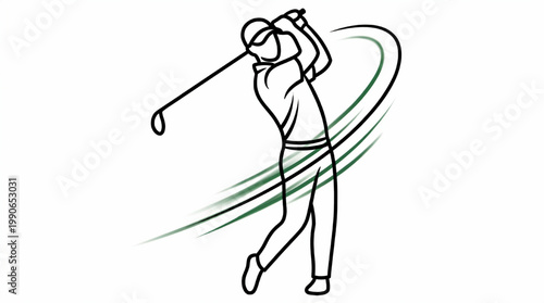 Golfer Swinging Club in Dynamic Motion Line Art.