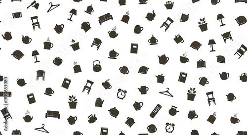 Randomly scattered everyday objects in a repeating pattern